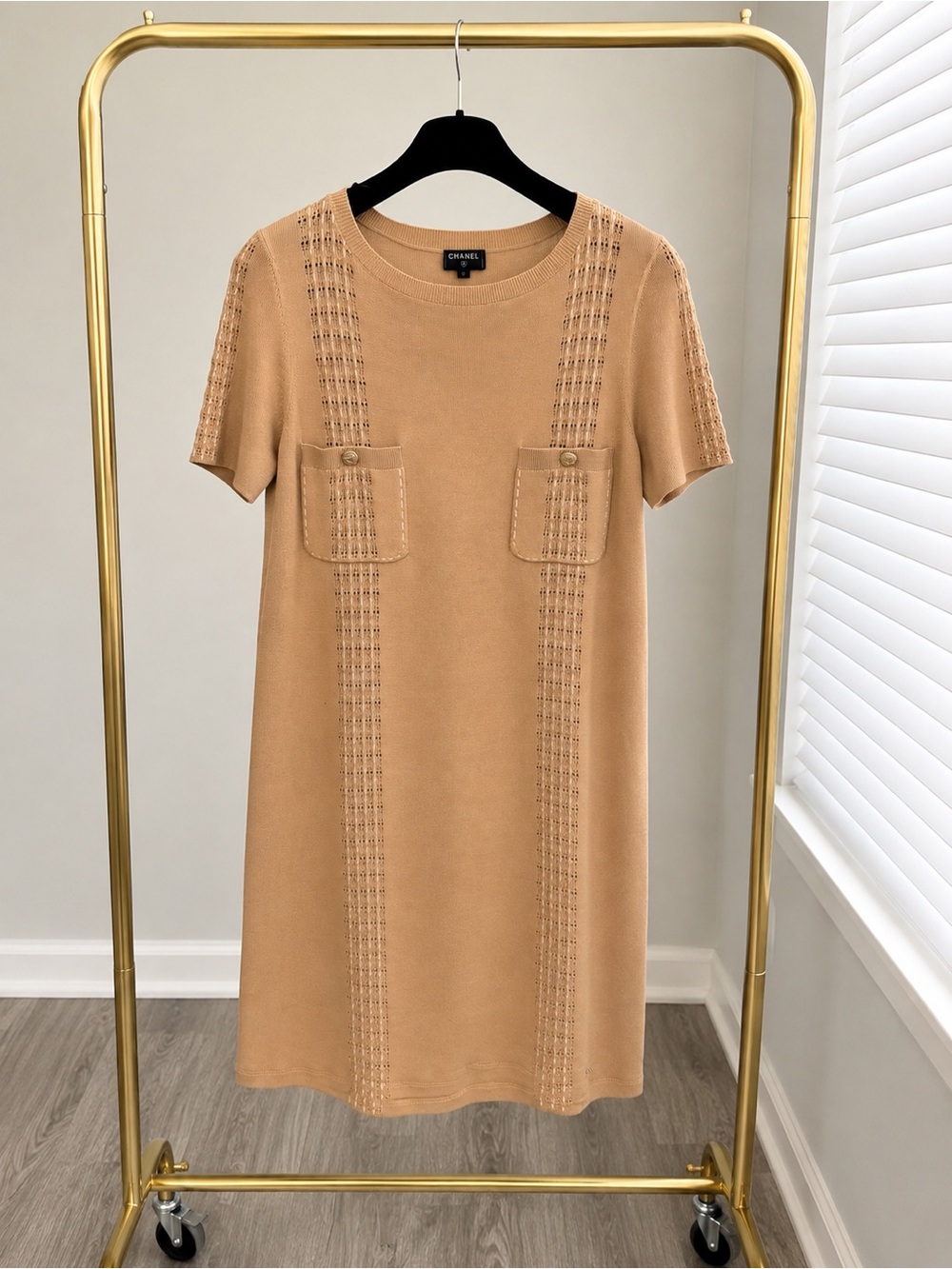 CHANEL Beige Knit Shift Dress Gold CC Buttons Size 44 Made in Italy